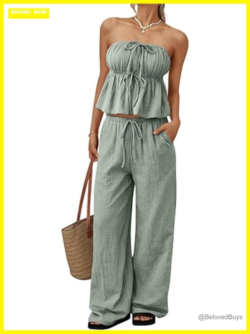 2 Piece Lounge Set - Cotton Tube Top & Wide Leg Pants - Summer Travel Outfit